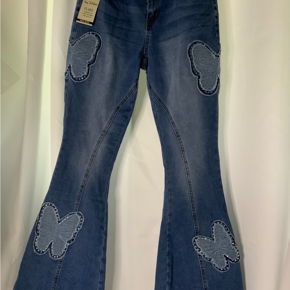 NWT Elegant Denim Flare Jeans with Butterfly Accents
